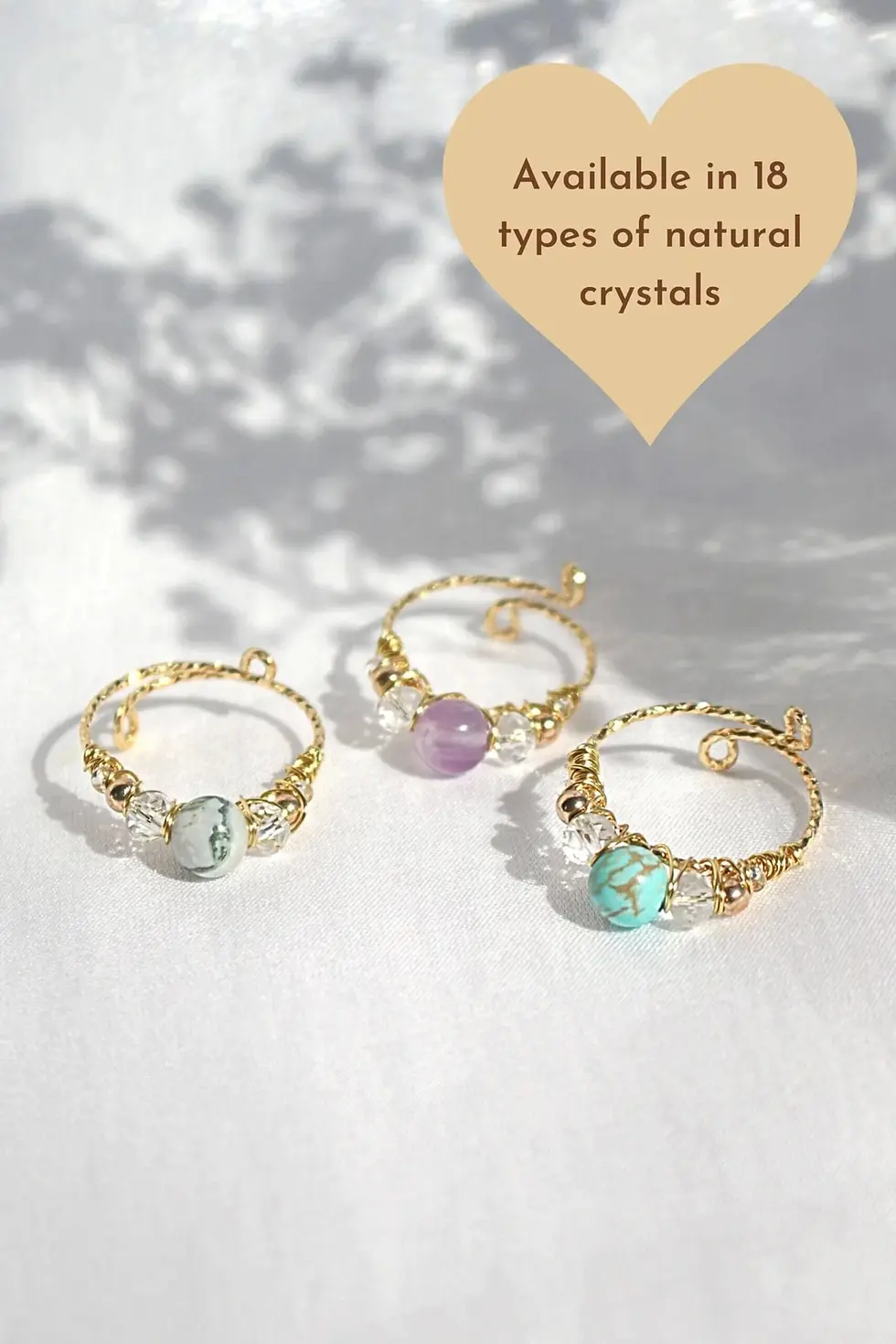18 Gold Karats Natural Crystals Hand Wired Adjustable Ring