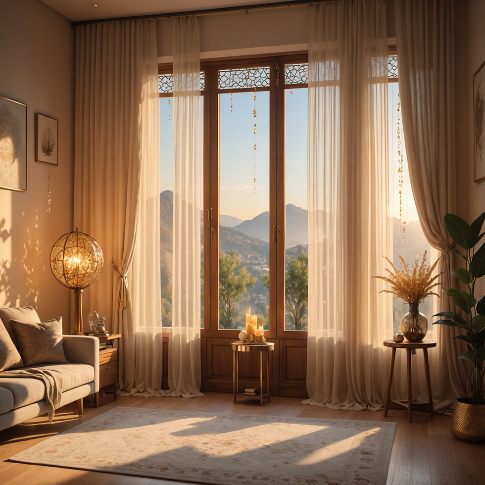 Sunlit room with mountain view