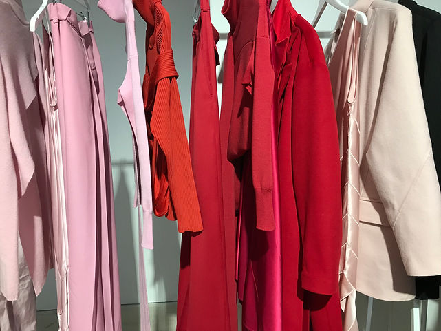 wardrobe of clothing, red, pink and white