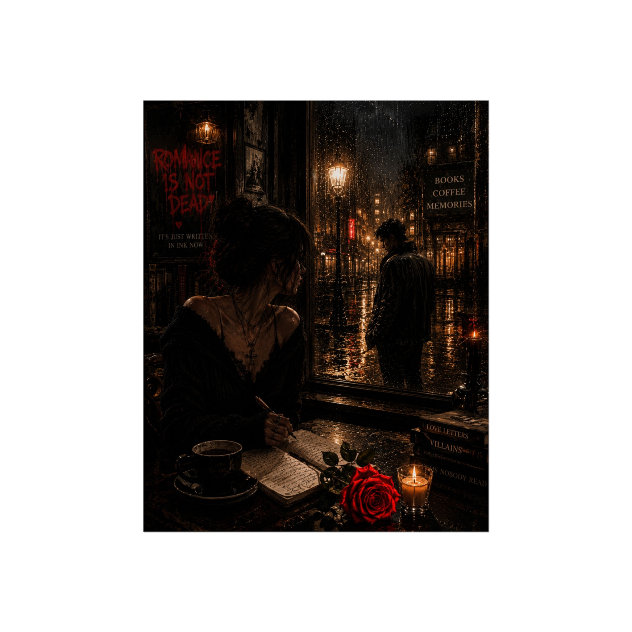 Romantic Noir Fine Art Poster — 'Romance Is Not Dead' Rainy Cafe Scene