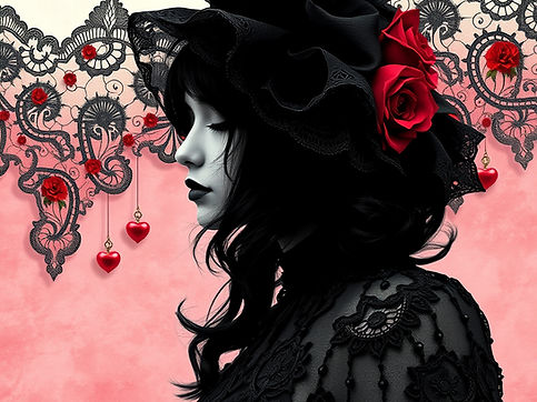 A goth dark feminine lace version of a color palette, including the colors crimson red, iv