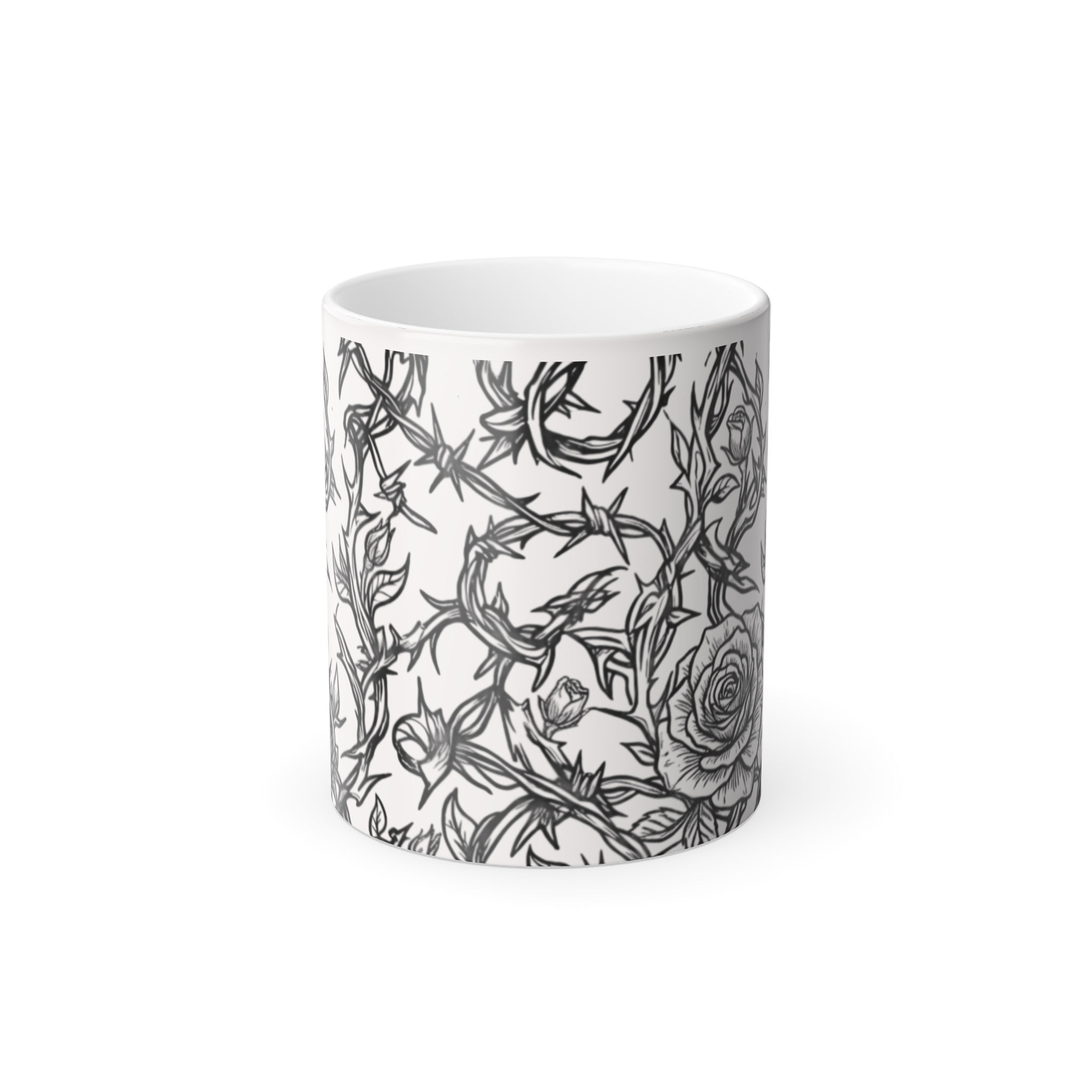 Color-Changing 11oz Mug – Black Floral Vine Heat Reveal