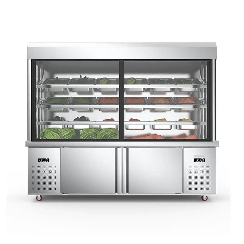 Stainless steel ingredient bins in a professional salad bar display counter