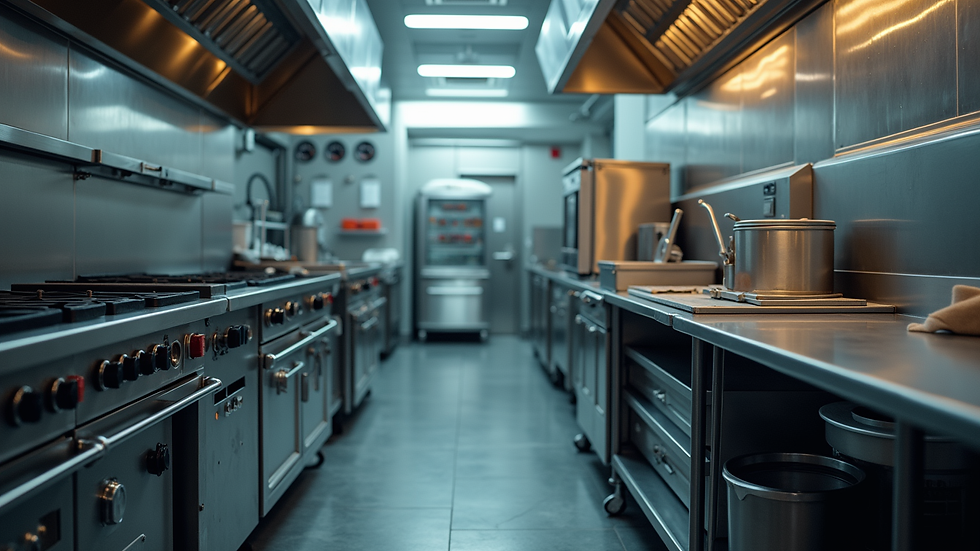 Eye-level view of commercial kitchen with stainless steel equipment
