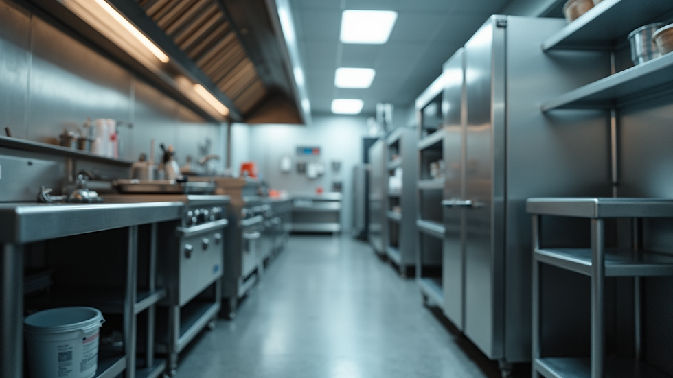 Eye-level view of a commercial kitchen with stainless steel equipment