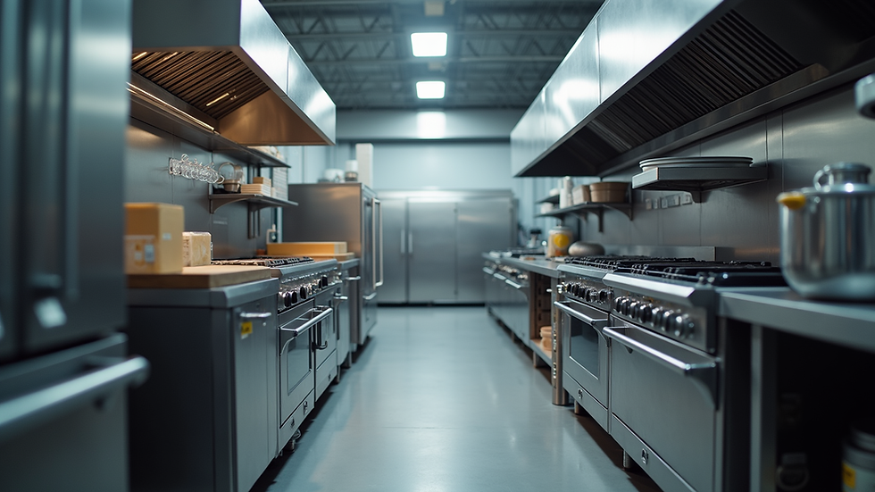 Eye-level view of commercial kitchen equipment displayed in a warehouse