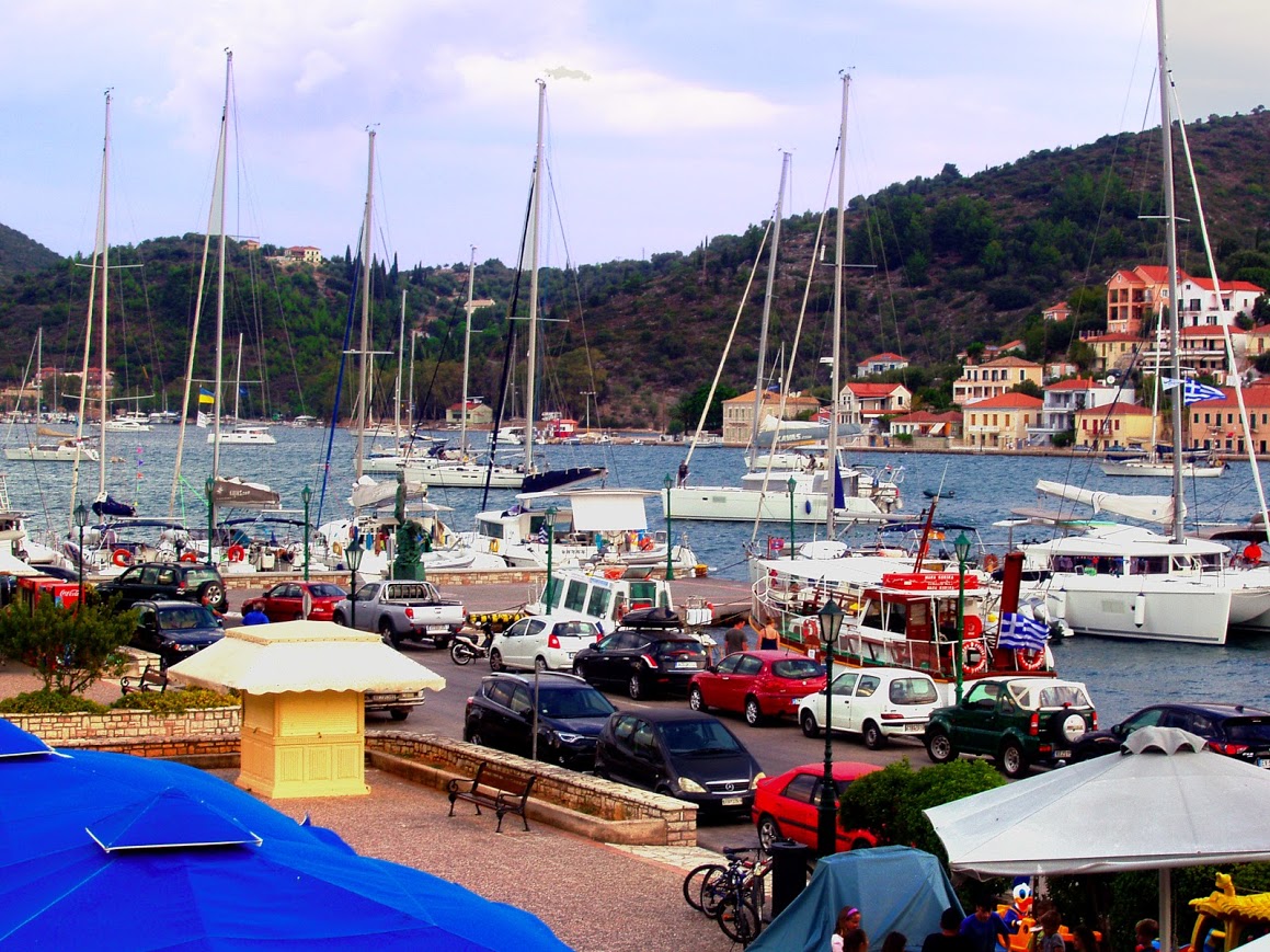 Close-up aerial view of the picturesque Vathy harbor on Ithaca Island with traditional Greek architecture