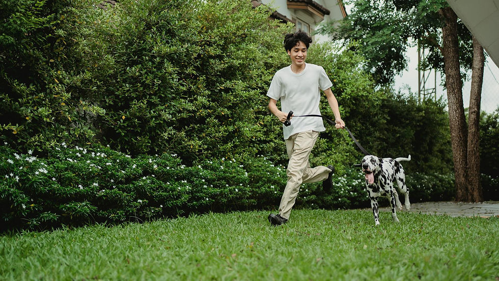 A joyful man running with his Dalmatian dog in a green garden setting.
