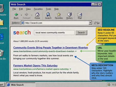 Illustration of search results highlighting SEO headlines, URLs and meta descriptions.