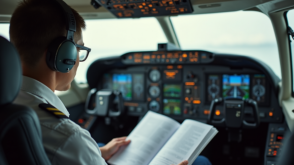 Eye-level view of a pilot studying aviation English materials