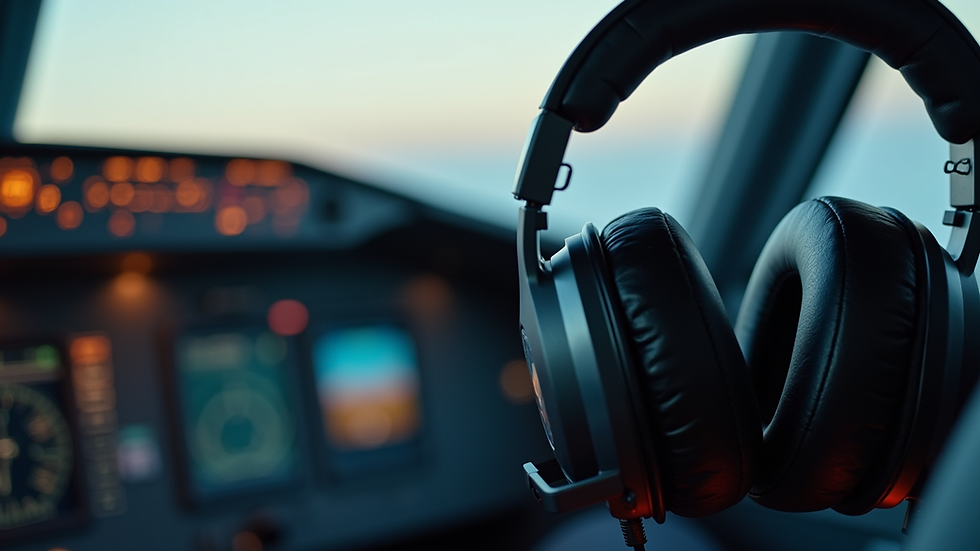 Close-up view of an aviation headset on a pilot’s desk