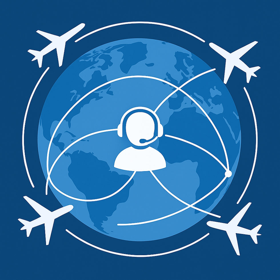 Abstract illustration of airplanes connected around a globe, representing global aviation communication and ICAO language proficiency.