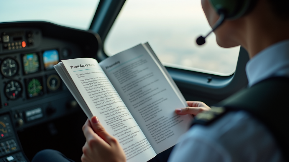 Close-up of pilot reading aviation phraseology manual