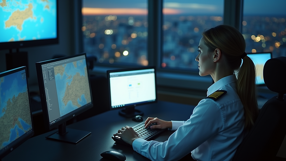 High angle view of a pilot taking an online ICAO English test
