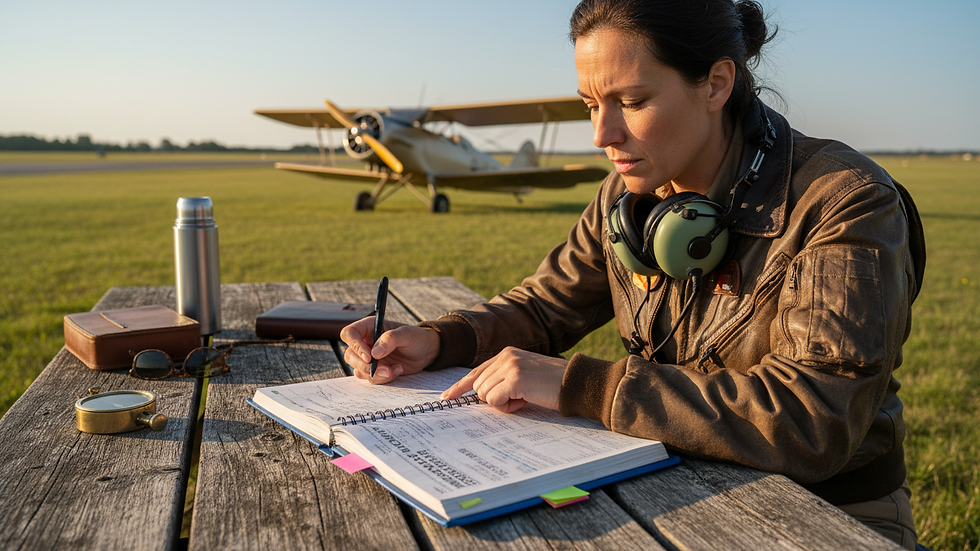 Close-up view of a pilot reading an aviation manual with a pen