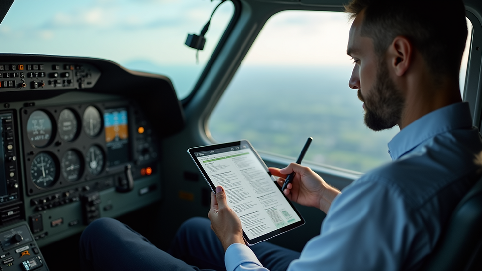 Close-up view of a pilot studying aviation English materials on a tablet