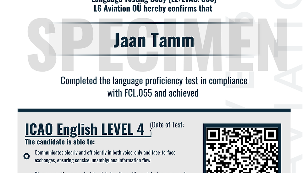 Sample ICAO English language proficiency certificate issued by Level6 Aviation