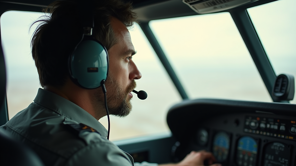 High angle view of pilot using headset and radio communication