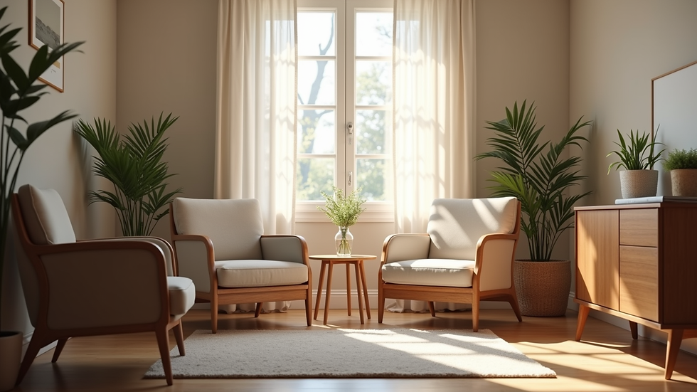 Eye-level view of a cozy counseling room with soft lighting and comfortable chairs