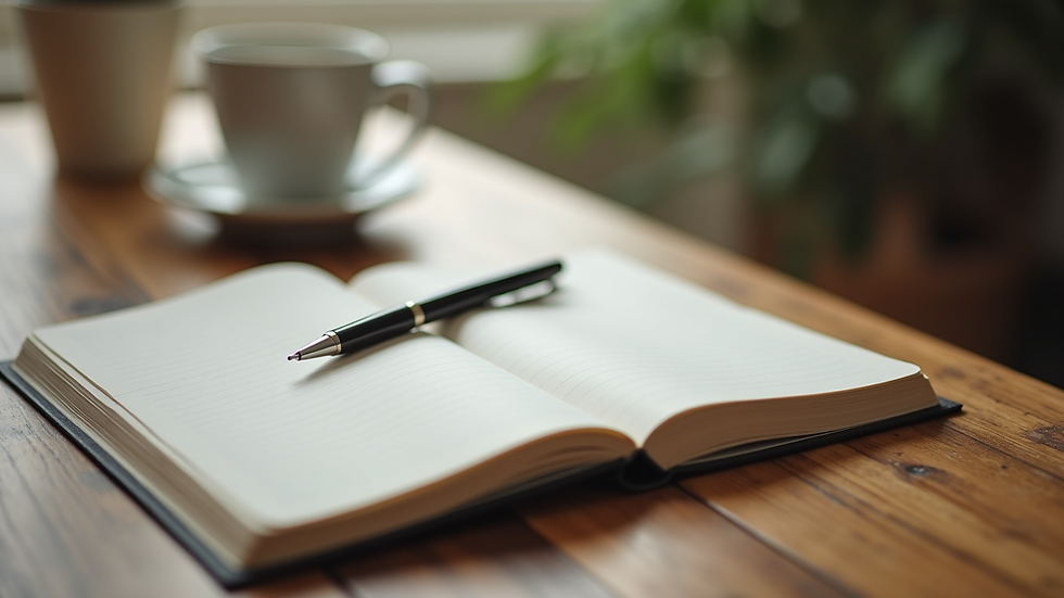Close-up view of a journal and pen on a wooden table, symbolizing reflection and personal growth