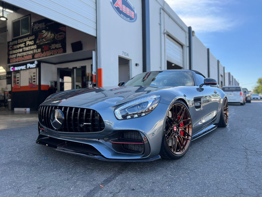 Gray Mercedes AMG GT with ceramic coating for added gloss and protection.