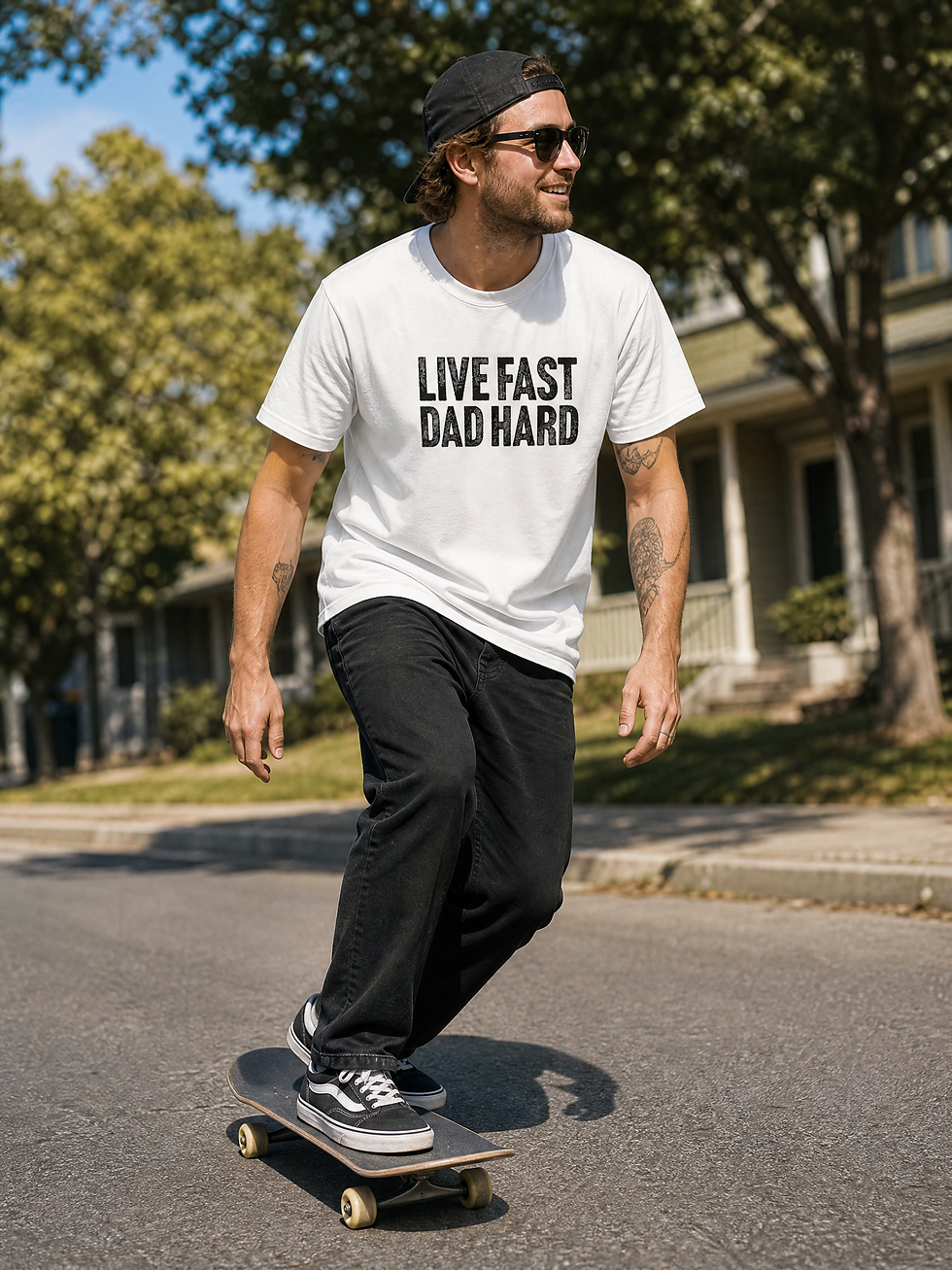 Thumbnail: Man wearing Live Fast Dad Hard graphic t-shirt while skateboarding — white unisex organic cotton tee, funny Father's Day gift