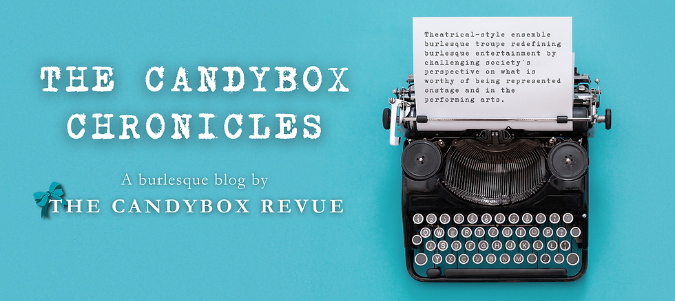 A picture of a typewriter. To the left of it are the words "The Candybox Chronicles" and "The Candybox Revue". There is a sheet of paper in the typewriter that says: Theatrical-style ensemble burlesque troupe redefining burlesque entertainment by challenging society’s perspective on what is worthy of being represented onstage and in the performing arts.