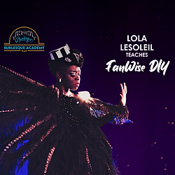 A burlesque performer dances with large feather fans as props.