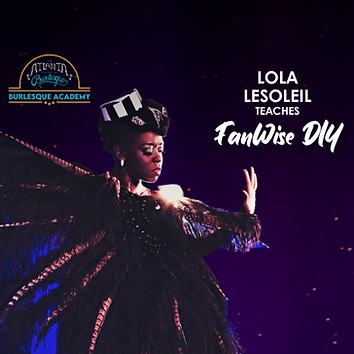 A burlesque performer dances with large feather fans as props.