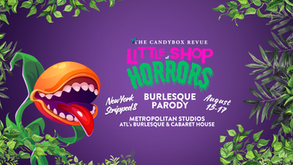 A maneating plant beside the words little shop of horrors burlesque parody