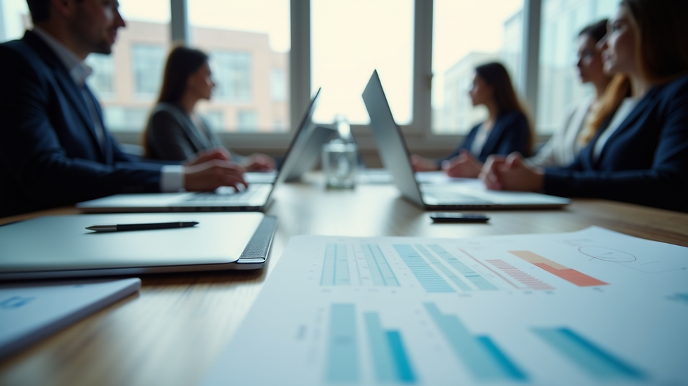 eye-level view of business meeting with charts and laptops