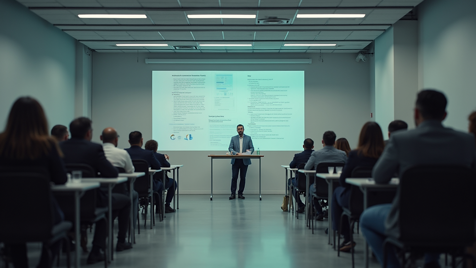 Visão frontal de sala de reunião com gráficos e indicadores em tela