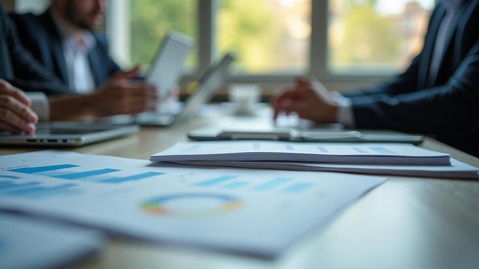 Eye-level view of a business meeting with charts and laptops