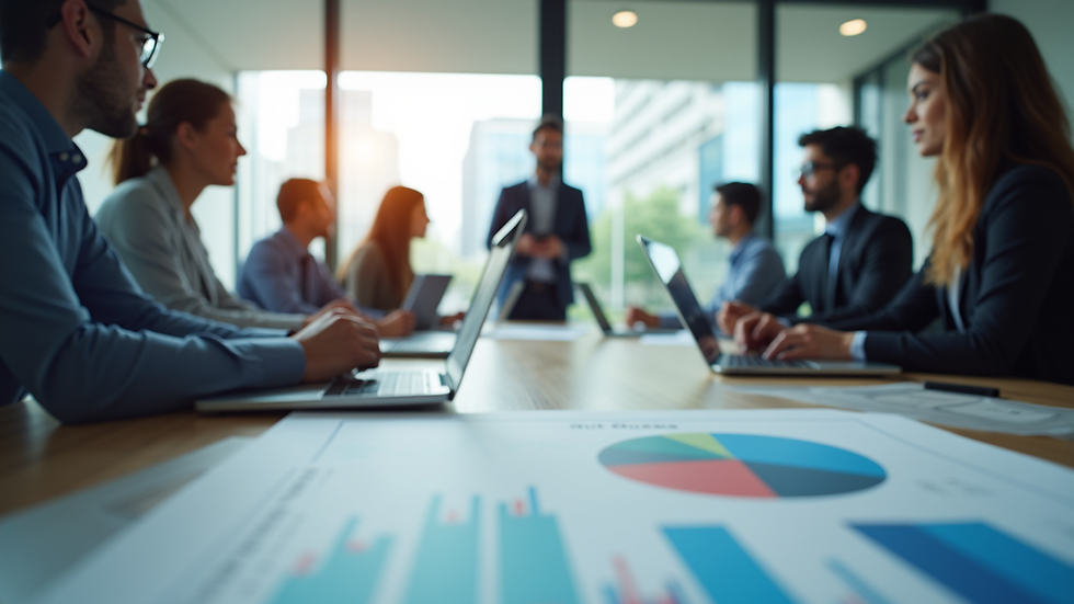 Eye-level view of a business meeting with charts and laptops