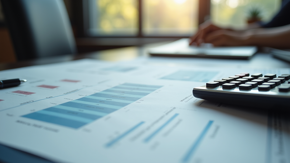 eye-level view of office desk with financial reports and calculator