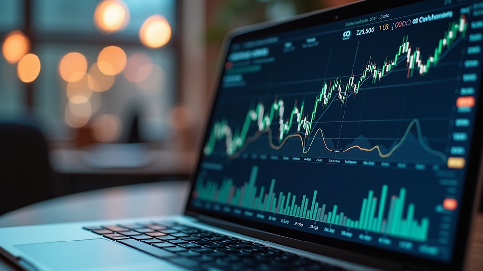 Eye-level view of a laptop screen showing financial charts and graphs