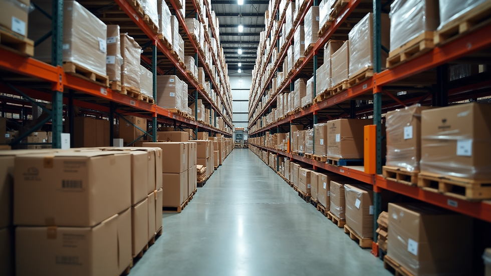 High angle view of warehouse with organized pallets and boxes
