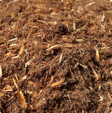 Close-up of premium shredded cedar mulch showing its natural fibrous texture and golden-brown color, used for long-lasting landscape bed protection and insect repellency