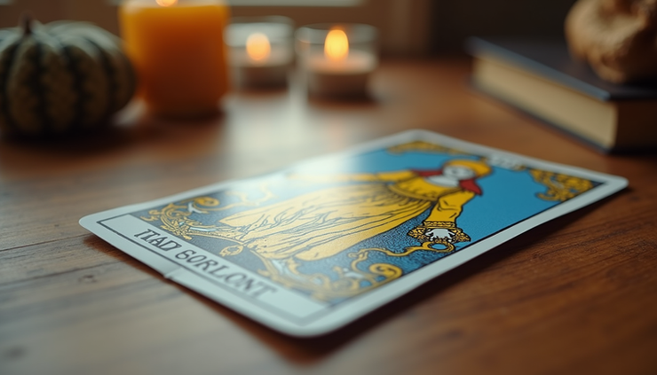 Eye-level view of a single tarot card laid on a wooden table with soft natural light