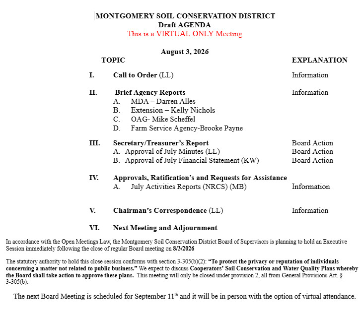 Montgomery Soil Conservation District virtual agenda August 5, 2026.