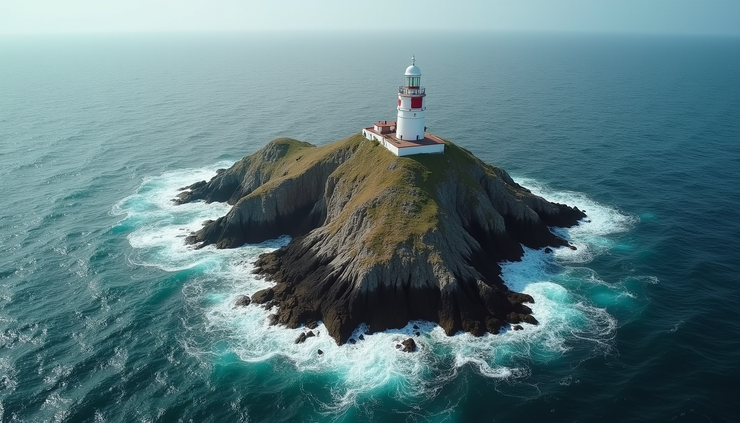 Vista aérea do Farol de Eilean Mor em uma ilha rochosa cercada pelo mar agitado
