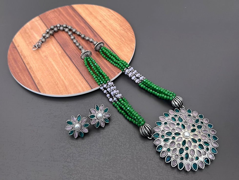Thumbnail: Beaded Necklace and Earrings set with Circular Pendant