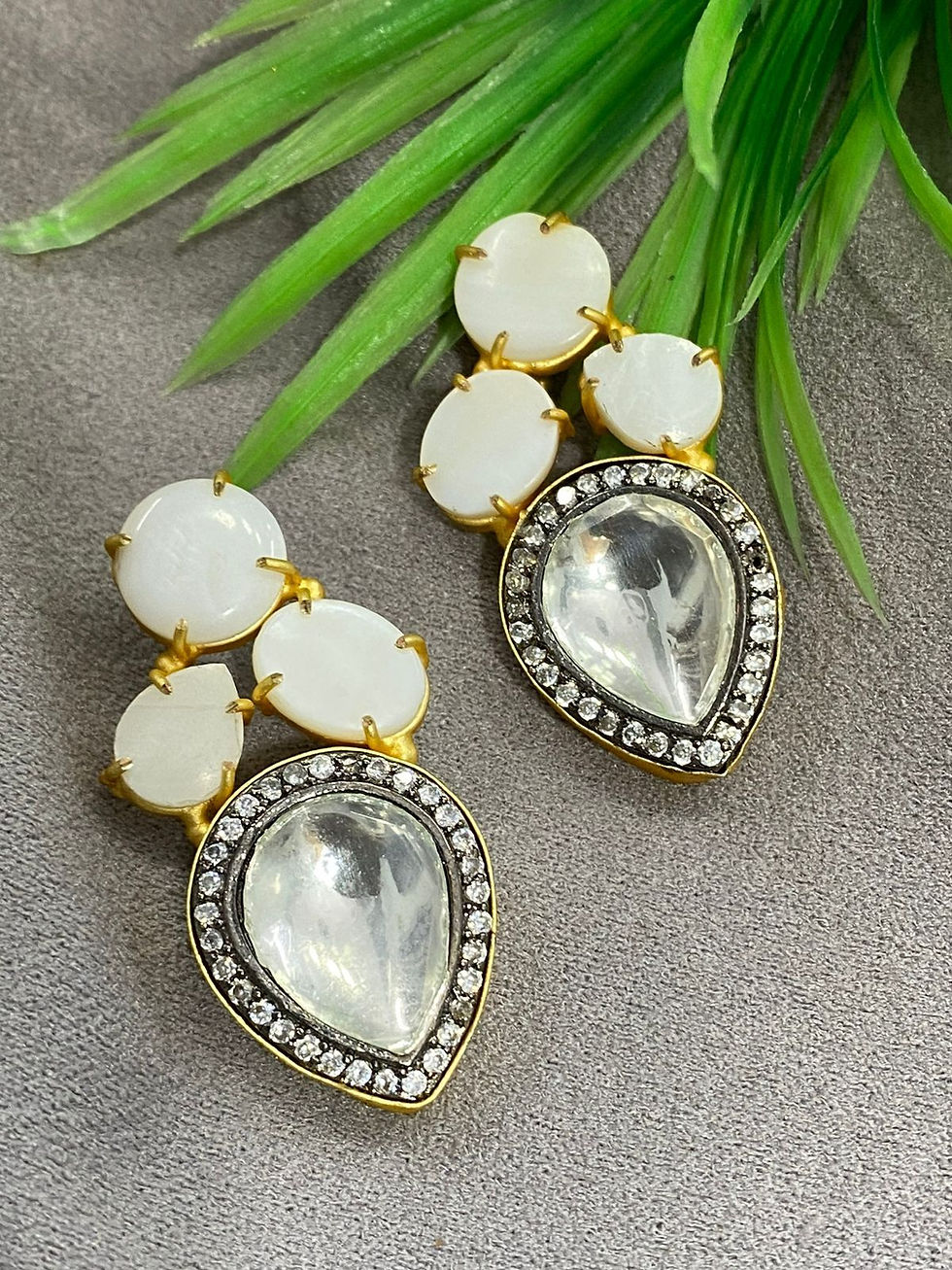 Thumbnail: Pearl Stud Earrings with White Stone Pendants