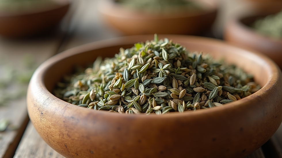 Close-up view of dried organic herbs in a wooden bowl