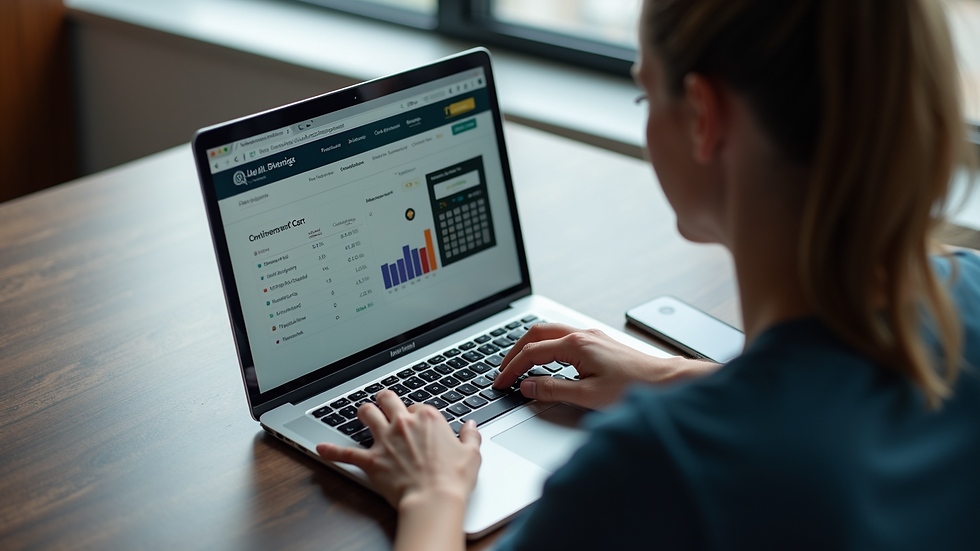 High angle view of a person using a laptop with a car ownership cost calculator on screen