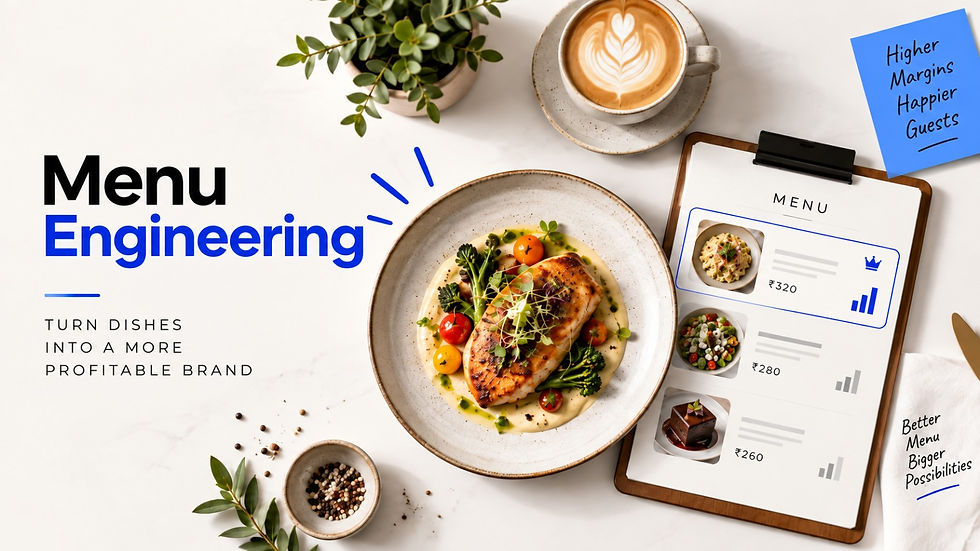 Menu engineering concept with plated food, café drink, pricing menu, and profitability notes for a restaurant brand.