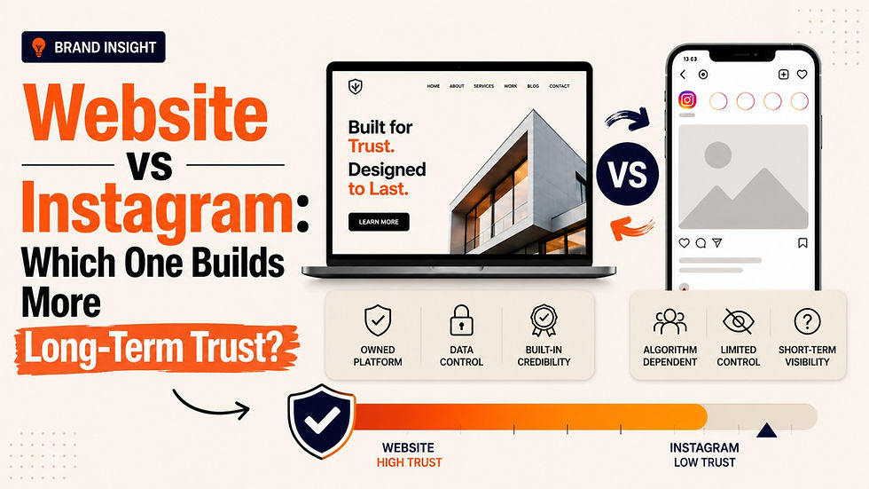 Website vs Instagram comparison showing websites as stronger for long-term trust, credibility, ownership, and control, while Instagram relies on algorithms and offers more limited brand control.