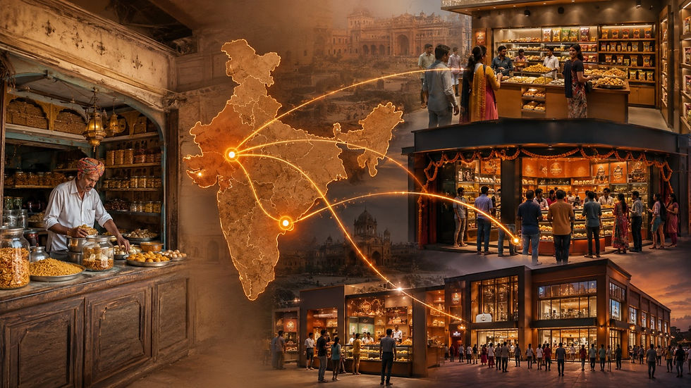 Conceptual branding illustration showing Haldiram's expansion from a small local namkeen shop to modern retail stores across India, connected by a glowing map highlighting nationwide growth