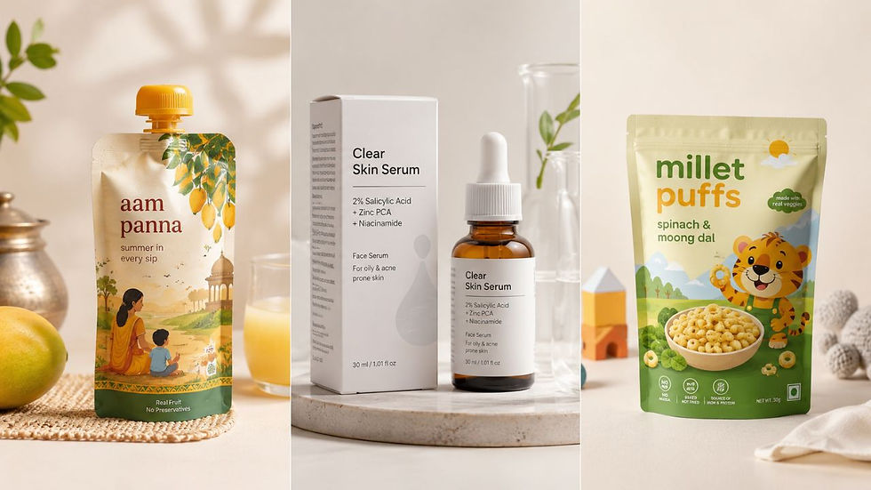 Three examples of modern Indian consumer packaging across beverages, skincare, and children's food products, highlighting varied packaging styles and visual identities.