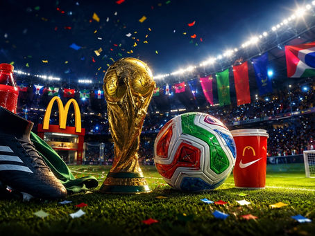 FIFA World Cup trophy on the pitch surrounded by sponsor branding from McDonald's, Coca-Cola, Adidas, and Nike. 